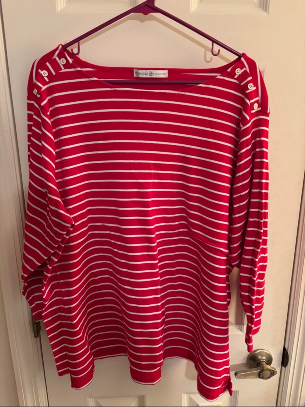 Red and White Striped Boatneck Long-Sleeve Top with Shoulder Buttons